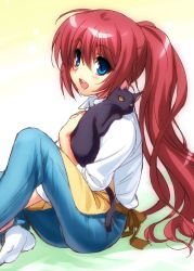 Rule 34 | 1girl, :d, a-chan senpai, apron, black cat, blue eyes, blush, cat, clannad, company connection, cosplay, denim, jeans, jpeg artifacts, key (company), little busters!, long hair, open mouth, pants, red hair, sagara misae, sagara misae (cosplay), shirt, sitting, sleeves rolled up, smile, socks, solo, white shirt, zen
