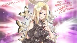 Rule 34 | 1girl, black dress, blonde hair, breasts, dated, dress, gloves, halo, iseria queen, kuroi mimei, long hair, looking at viewer, open mouth, signature, sleeveless, smile, solo, space, star ocean, star ocean the second story, wings