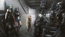 Rule 34 | 3girls, 5others, :|, absurdres, against wall, arknights, armor, black footwear, black gloves, black jacket, black pants, black shirt, blonde hair, blue hair, boots, breastplate, bulletproof vest, ch&#039;en (arknights), closed mouth, covered face, crossed arms, drill hair, expressionless, facing another, fingerless gloves, gloves, greaves, green hair, headset, helmet, highres, holding, holding shield, holding sword, holding weapon, horns, hoshiguma (arknights), jacket, knee pads, kusami toka naku au, long hair, long sleeves, looking at another, looking at viewer, lungmen guard, microphone, multiple girls, multiple others, pants, pants rolled up, parted lips, pauldrons, railing, red eyes, shield, shirt, shoulder armor, single horn, sitting, sitting on stairs, sleeveless, sleeveless shirt, stairs, stairwell, swire (arknights), sword, very long hair, weapon