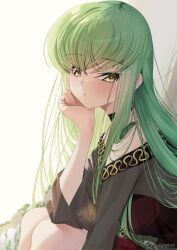 Rule 34 | 1girl, absurdres, alternate costume, bare shoulders, blush, budgiepon, c.c., closed mouth, code geass, commentary, crossed bangs, expressionless, fingernails, green hair, hair between eyes, hair over shoulder, hand on own cheek, hand on own face, hand up, head rest, highres, leaning forward, long hair, looking at viewer, nose, sidelighting, sidelocks, simple background, sitting, solo, straight hair, twitter username, upper body, very long hair, white background, yellow eyes
