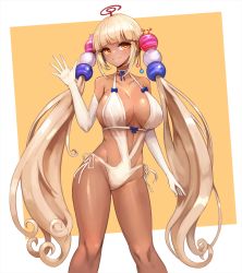 Rule 34 | 1girl, bare legs, bare shoulders, beads, blue ribbon, blunt bangs, breasts, casual one-piece swimsuit, choker, cleavage, closed mouth, commentary request, dark-skinned female, dark skin, elbow gloves, feet out of frame, gloves, hair beads, hair ornament, hand up, highres, hololive, hololive english, large breasts, long hair, looking at viewer, notte, one-piece swimsuit, orange eyes, planet hair ornament, ribbon, ribbon-trimmed choker, sidelocks, smile, solo, standing, swimsuit, tsukumo sana, twintails, two-tone background, very long hair, virtual youtuber, waving, white choker, white gloves, white one-piece swimsuit, yellow background