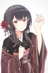 Rule 34 | 1girl, black kimono, blue hair, blurry, blush, cherry blossoms, closed mouth, commentary, depth of field, closed eyes, flower, hair between eyes, hair flower, hair ornament, haori, highres, holding, holding flower, idolmaster, idolmaster shiny colors, japanese clothes, kimono, long sleeves, medium hair, morino rinze, obi, petals, red eyes, sash, simple background, smile, solo, white background, wide sleeves