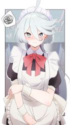 Rule 34 | 1girl, absurdres, alternate costume, apron, black dress, blush, bow, dress, embarrassed, enmaided, grey eyes, grey hair, gundam, gundam suisei no majo, hair between eyes, heart, highres, long hair, looking at viewer, maid, maid apron, maid headdress, miorine rembran, okotoba emaru, puffy short sleeves, puffy sleeves, red bow, short sleeves, solo, spoken squiggle, squiggle, straight-on, sweatdrop, very long hair, white apron, wrist cuffs