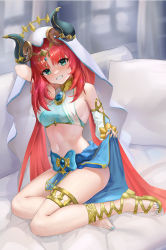 Rule 34 | 1girl, absurdres, arm up, bare shoulders, breasts, circlet, crop top, detached sleeves, fake horns, foreshortening, genshin impact, gladiator sandals, gold trim, green eyes, grin, harem outfit, highres, horns, krm (user paff3275), long hair, medium breasts, nail polish, navel, nilou (genshin impact), parted bangs, pillow, red hair, sandals, shoes, single detached sleeve, single shoe, sitting, skirt hold, smile, solo, stomach, thighlet, thighs, toenail polish, toenails, toes, veil, white headwear, yokozuwari