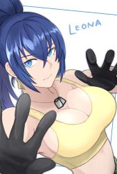 Rule 34 | 1girl, ayato g90210, bare shoulders, blue eyes, blue hair, breasts, character name, cleavage, dog tags, fighting stance, gloves, highres, large breasts, leona heidern, looking at viewer, matching hair/eyes, midriff, ponytail, simple background, snk, solo, tank top, the king of fighters, the king of fighters xv, white background, yellow tank top
