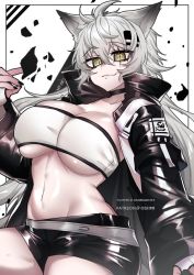 Rule 34 | 1girl, :3, animal ears, arknights, bandeau, black jacket, black nails, black shorts, border, breasts, cleavage, fingerless gloves, gloves, highres, jacket, lappland (arknights), long hair, looking at viewer, nail polish, navel, osiimi, scar, scar across eye, scar on face, shorts, smile, solo, strapless, tail, tube top, white background, white gloves, white hair, wolf ears, wolf girl, wolf tail, yellow eyes