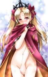 Rule 34 | 1girl, blonde hair, blush, cape, covering crotch, covering own mouth, covering privates, earrings, embarrassed, ereshkigal (fate), fate/grand order, fate (series), female focus, hair ribbon, head tilt, infinity symbol, jewelry, long hair, looking at viewer, multicolored cape, multicolored clothes, naked cape, navel, parted bangs, red cape, red eyes, red ribbon, ribbon, solo, sumeragi tomo, tiara, two side up, yellow cape