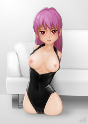 Rule 34 | 1girl, acerbi, amputee, blush, breasts, front zipper swimsuit, full body, highres, long hair, looking at viewer, meme attire, nipples, one-piece swimsuit, open clothes, original, pink hair, quadruple amputee, red eyes, solo, swimsuit