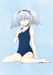 Rule 34 | 1girl, barefoot, closed mouth, disc (needless), feet, highres, joints, long hair, looking at viewer, low twintails, needless, robot joints, school swimsuit, silver hair, solo, swimsuit, twintails