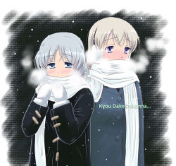 Rule 34 | 2girls, blonde hair, blue eyes, blush, coat, eila ilmatar juutilainen, gloves, multiple girls, sanya v. litvyak, scarf, shared clothes, shared scarf, silver hair, snow, strike witches, world witches series