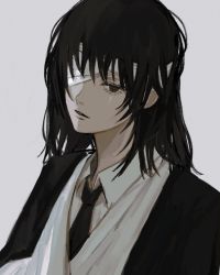 Rule 34 | 1girl, bandage over one eye, bandages, black hair, black necktie, brown eyes, chainsaw man, formal, grey background, highres, himeno (chainsaw man), inuo (inuo x), long hair, necktie, neckwear request, parted lips, simple background, solo, suit, upper body