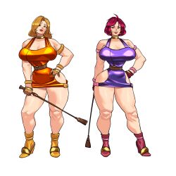 2024 2girls armlet artist_name bare_legs bare_shoulders belt belt_buckle blue_eyes bob_cut boots bracelet breasts brown_eyes buckle cameltoe choker cleavage clenched_hand collarbone commentary curly_hair denjin_makai_2 dress earrings female_focus full_body gimmerung gloves gold_choker gold_trim guardians_(denjin_makai_2) half_gloves hand_on_own_hip head_tilt high_heel_boots high_heels highres holding holding_weapon holding_whip jewelry large_breasts legs_apart long_hair looking_at_viewer mature_female multiple_girls muscular muscular_female muscular_legs narrow_waist orange_dress parted_bangs parted_lips pink_belt pink_boots pink_gloves purple_dress purple_eyes purple_hair revealing_clothes riding_crop short_hair side_slit signature smile standing straight-on straight_hair thick_lips weapon yellow_boots