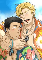 Rule 34 | 2boys, absurdres, ao isami, arm around neck, bara, black hair, blonde hair, couple, day, facial hair, hand on another&#039;s arm, hawaiian shirt, highres, lewis smith, looking to the side, male focus, miugg133, multiple boys, official alternate costume, pectoral cleavage, pectorals, shirt, sideburns stubble, stubble, thick eyebrows, toned, toned male, upper body, yaoi, yuuki bakuhatsu bang bravern