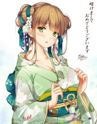 Rule 34 | 1girl, 2017, :o, alternate costume, blue bow, blunt bangs, blush, bow, breasts, brown hair, cleavage, collarbone, colored eyelashes, commentary request, dated, double bun, doughnut hair bun, floral print, flower, flower knight girl, green bell (flower knight girl), green eyes, hair bow, hair bun, hair flower, hair ornament, head tilt, highres, japanese clothes, kimono, long sleeves, looking at viewer, medium breasts, monety, nail polish, new year, obi, orange nails, parted lips, sash, short hair with long locks, sidelocks, signature, simple background, solo, tassel, translation request, underbust, upper body, white background, white flower, wide sleeves