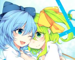 Rule 34 | 2girls, blue eyes, blue hair, bow, breasts, cirno, cleavage, collared shirt, daiyousei, friends, green eyes, green hair, hair bow, hair ribbon, happy, looking at another, multiple girls, one eye closed, one eye covered, open clothes, open collar, open mouth, open shirt, ribbon, shirt, short hair, side ponytail, small breasts, smile, tama (soon32281), touhou, upper body, white shirt