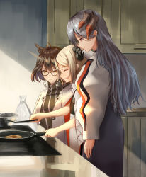 Rule 34 | 3girls, :d, ^ ^, absurdres, antenna hair, arknights, black-framed eyewear, black skirt, bowl, brown eyes, brown hair, closed eyes, commentary request, cowboy shot, feather hair, from side, frying pan, glasses, highres, holding, holding frying pan, horns, ifrit (arknights), indoors, jacket, long hair, long sleeves, multiple girls, open mouth, pointy hair, profile, puffy sleeves, saria (arknights), shirt, short hair, sidelocks, silence (arknights), silver hair, skirt, smile, standing, uzurako, white jacket, white shirt