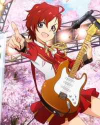 Rule 34 | 10s, 1girl, artist request, blue eyes, cherry blossoms, electric guitar, female focus, guitar, heart, holding guitar, holding instrument, idolmaster, idolmaster million live!, instrument, instrument case, julia (idolmaster), lipstick, looking at viewer, makeup, microphone, official art, open mouth, plectrum, pointing, red hair, short hair, solo, star (symbol), uniform