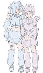 Rule 34 | 1boy, 1girl, apron, bandaid, bandaid on face, bandaid on nose, blush, bow, cropped jacket, full body, hair bow, hand up, highres, jersey maid, jewelry, kromer (project moon), leg warmers, limbus company, long sleeves, maid, maid headdress, njaja kanja, parted lips, project moon, ring, shoes, simple background, sinclair (project moon), standing, sweat, unconventional maid, v, wing hair ornament