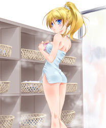 10s 1girl ass ayase_eli blonde_hair blue_eyes holding holding_unworn_clothes holding_panties holding_underwear holding_unworn_clothes laundry_basket looking_back love_live! love_live!_school_idol_project naked_towel panties ponytail purple_panties solo_focus tachibana_tou towel underwear unworn_panties