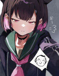 Rule 34 | 1girl, animal ears, doodle sensei (blue archive), black choker, black hair, blue archive, blue hoodie, blurry, blush, choker, closed mouth, colored inner hair, commentary request, depth of field, dio nand, green sailor collar, half-closed eyes, highres, hood, hoodie, kazusa (blue archive), looking at viewer, multicolored hair, necktie, pink eyes, pink hair, pink necktie, pout, sailor collar, sensei (blue archive), short hair, solo