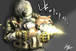 Rule 34 | 1boy, 1girl, :3, :d, ammunition pouch, animal ears, black footwear, black shorts, boots, brown gloves, bulletproof vest, camouflage, casing ejection, cat ears, cat girl, cat tail, chibi, commentary, covered eyes, digital camouflage, elbow pads, fang, firing, girls&#039; frontline, gloves, grey background, grey eyes, hair between eyes, hair ornament, hairclip, hands up, headset, helmet, helmet over eyes, holding, idw (girls&#039; frontline), jazz jack, knee boots, korean text, long hair, long sleeves, military, military uniform, muzzle flash, open mouth, orange hair, parted bangs, pouch, shell casing, shirt, short shorts, short twintails, shorts, signature, simple background, smile, sound effects, standing, tail, translation request, twintails, unconventional gun, uniform, v-shaped eyebrows, visor, white shirt