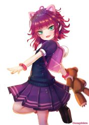 Rule 34 | &gt;:d, 1girl, :d, ahoge, animal ears, annie (league of legends), backpack, bad id, bad pixiv id, bag, blush, bracelet, fake animal ears, flat chest, green eyes, hanato (seonoaiko), holding, jewelry, league of legends, leg up, loafers, looking at viewer, open mouth, pink hair, pleated skirt, puffy short sleeves, puffy sleeves, red hair, shoes, short hair, short sleeves, simple background, skirt, smile, socks, solo, stuffed animal, stuffed toy, teddy bear, twitter username, v-shaped eyebrows, walking, white background