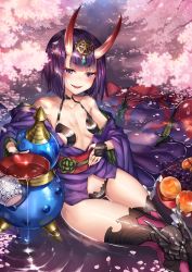 Rule 34 | 1girl, alcohol, bare shoulders, blush, bob cut, breasts, cherry blossoms, collarbone, cup, eyebrows, eyeliner, fangs, fate/grand order, fate (series), flower, food, fruit, gem, grapes, grin, headpiece, highres, holding, horns, japanese clothes, kimono, knee pads, ks (xephyrks), looking at viewer, makeup, obi, off shoulder, oni, parted lips, peach, petals, plate, purple eyes, purple hair, revealing clothes, sakazuki, sake, sash, shide, short hair, shuten douji (fate), sitting, skin-covered horns, small breasts, smile, solo, spilling, thighhighs, water