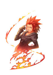 Rule 34 | 04sora40, 1boy, axel (kingdom hearts), black gloves, blue eyes, cloak, fire, gloves, hand on own hip, highres, hood, hood down, kingdom hearts, looking at viewer, male focus, one eye closed, organization xiii, red hair, simple background, solo, spiked hair, upper body, white background