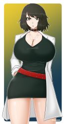 Rule 34 | 1girl, axel persona, breasts, choker, cleavage, cosplay, female focus, highres, huge breasts, jewelry, kawakami sadayo, lab coat, matching hair/eyes, necklace, persona, persona 5, short hair, solo, takemi tae, takemi tae (cosplay), thick thighs, thighs