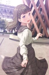 1girl :d blurry blurry_background braid brown_hair brown_ribbon brown_skirt casual center-flap_bangs commentary cowboy_shot day highres ishikawa_prefecture kachimachi_kosuzu kanazawa_station link!_like!_love_live! long_hair long_skirt long_sleeves looking_at_viewer looking_back love_live! neck_ribbon official_alternate_costume open_mouth pink_eyes plaid_clothes plaid_skirt puffy_long_sleeves puffy_sleeves real_world_location ribbon shamakho shirt side_braids skirt skirt_hold smile solo straight_hair teeth upper_teeth_only virtual_youtuber white_shirt