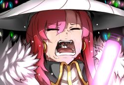 Rule 34 | 1girl, bird, crane (animal), crying, earrings, fate/grand order, fate (series), feather boa, glowstick, hat, highres, hoop earrings, in mouth, jewelry, meme, miss crane (fate), open mouth, red eyes, snot, tsukasawa takamatsu