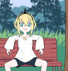 Rule 34 | 1girl, amano pikamee, bare shoulders, bench, bench tails (meme), black hairband, black shorts, blonde hair, bright pupils, collarbone, commentary, cowboy shot, derivative work, drawfag, english commentary, flat color, grass, green hair, green nails, hair between eyes, hairband, meme, multicolored hair, nail polish, off-shoulder shirt, off shoulder, outdoors, outstretched arms, park, parody, shirt, short shorts, shorts, sitting, sky, smile, solo, sonic (series), spread arms, spread legs, tree, two-tone hair, virtual youtuber, voms, white pupils, white shirt