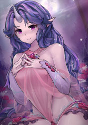 Rule 34 | 1girl, absurdres, bare shoulders, breasts, closed mouth, commentary, commission, covered erect nipples, detached sleeves, dress, flower, full moon, gem, highres, horns, long hair, looking at viewer, medium breasts, moon, moonlight, multicolored hair, nail polish, neonbeat, pink eyes, pointy ears, purple hair, purple nails, rose, signature, single horn, smile, solo, streaked hair, wavy hair