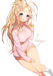 Rule 34 | 1girl, aa megami-sama, artist name, bad id, bad pixiv id, belldandy, blonde hair, blue eyes, hand on own thigh, long hair, looking at viewer, signature, simple background, smile, socks, solo, sukja, thighhighs, turtleneck, white socks