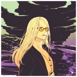 Rule 34 | 1boy, beach, black background, black jacket, blonde hair, cigarette, cloud, fate/grand order, fate (series), jacket, jewelry, long hair, looking at viewer, male focus, medallion, necklace, nobicco, open clothes, open jacket, orange-tinted eyewear, shirt, smoking, solo, sunglasses, tezcatlipoca (fate), tinted eyewear, white shirt