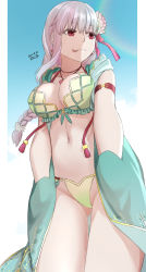 Rule 34 | 1girl, absurdres, bikini, braid, braided ponytail, breasts, closed mouth, cowboy shot, earrings, fate/grand order, fate (series), flower, from side, gluteal fold, green bikini, green vest, hair flower, hair ornament, hair ribbon, highres, holding, hood, hooded vest, hoodie, jewelry, kama (fate), kama (swimsuit avenger) (fate), kama (swimsuit avenger) (second ascension) (fate), long hair, looking away, looking to the side, lotus, navel, nonone (the9thxsheep), pink ribbon, red eyes, ribbon, silver hair, simple background, smile, solo, star (symbol), star earrings, swimsuit, tongue, tongue out, vest, white background