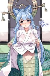 1girl :o absurdres blue_hair breasts breath cleft_of_venus clothes_lift commission covered_erect_nipples double_bun hair_bun hair_ornament hair_stick half_updo harigane_shinshi heavy_breathing highres indoors japanese_clothes kimono kimono_lift lamia lifting_own_clothes long_hair looking_at_viewer medium_breasts monster_girl nihongami open_mouth pussy pussy_juice sidelocks skeb_commission snake_princess_of_purity solo sweat tatami wet wet_clothes white_kimono yu-gi-oh! yu-gi-oh!_rush_duel