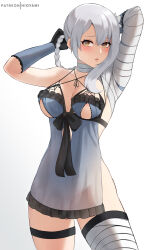 Rule 34 | 1girl, absurdres, areola slip, arms up, bandaged arm, bandaged leg, bandaged neck, bandages, black gloves, black ribbon, blush, braid, breasts, clothing cutout, collarbone, commentary, cowboy shot, flaccid, frills, futanari, gloves, grey hair, highres, hioyami, kaine (nier), large breasts, lingerie, looking at viewer, medium breasts, nier, nier (series), parted lips, patreon username, penis, penis peek, ribbon, see-through, simple background, solo, thigh strap, thighs, underboob, underboob cutout, underwear, yellow eyes
