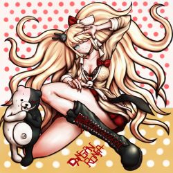 Rule 34 | 10s, 1girl, blonde hair, blue eyes, boots, bow, breasts, cleavage, copyright name, cross-laced footwear, danganronpa: trigger happy havoc, danganronpa (series), enoshima junko, hair bow, hair ornament, highres, knee boots, lace-up boots, long hair, monokuma, nail polish, necktie, official style, oyume, polka dot, polka dot background, school uniform, skirt, sleeves rolled up, smile, spoilers, twintails, very long hair