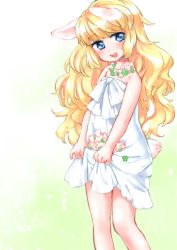 Rule 34 | 1girl, animal ears, bad id, bad pixiv id, bare shoulders, blonde hair, blue eyes, blush, carrying, dress, flower, jewelry, long hair, looking at viewer, mutou mato, necklace, open mouth, original, rabbit ears, rabbit tail, skirt basket, smile, solo, tail