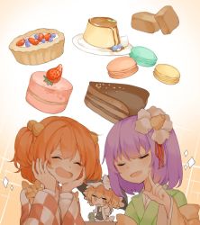 Rule 34 | 3girls, :d, ^ ^, bad id, bad twitter id, bell, blonde hair, blush, braid, cake, cake slice, checkered clothes, checkered kimono, closed eyes, flower, food, fruit, gradient background, hair bell, hair flower, hair ornament, hand on own cheek, hand on own face, hands on own cheeks, hands on own face, hat, hat ribbon, hieda no akyuu, japanese clothes, jpeg artifacts, kimono, kirisame marisa, long sleeves, macaron, misha (hoongju), motoori kosuzu, multiple girls, open mouth, orange hair, pudding, puffy sleeves, purple hair, ribbon, shirt, short hair, short sleeves, side braid, single braid, smile, strawberry, sweets, touhou, twintails, vest, wide sleeves, witch hat, yellow eyes