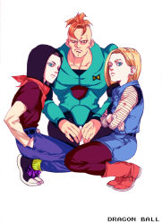 Rule 34 | 1girl, 2boys, android 16, android 17, android 18, bandana, black hair, blonde hair, blue eyes, bob cut, boots, brother and sister, denim, denim skirt, dragon ball, dragonball z, earrings, emg (christain), expressionless, green eyes, hands in pockets, hands on lap, jewelry, manly, multiple boys, muscular, orange hair, pantyhose, shirt, shirt tucked in, shoes, siblings, skirt, sneakers, spiked hair, striped clothes, striped shirt, vest, white background