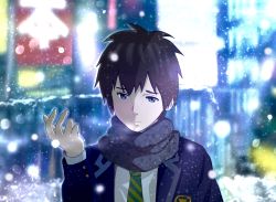 Rule 34 | 10s, 1boy, blue eyes, blurry, blurry background, brown hair, commentary request, kimi no na wa., male focus, scarf, snow, snowing, solo, sunday-offline, tachibana taki