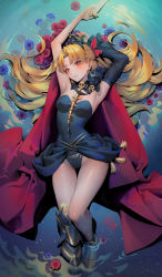 Rule 34 | 1girl, absurdres, armored boots, armpits, arms up, bare shoulders, black leotard, blonde hair, boots, breasts, cape, deme (karesuki), detached sleeves, earrings, ereshkigal (fate), fate/grand order, fate (series), floating hair, flower, hair ribbon, half updo, highres, holding hands, hoop earrings, jewelry, leotard, long hair, long sleeves, looking at viewer, lying, medium breasts, on back, parted bangs, parted lips, purple flower, red eyes, red flower, ribbon, ripples, single sleeve, skull, solo, solo focus, thighs, very long hair, water