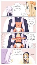 Rule 34 | 2girls, 4koma, :d, ?, ^^^, abigail williams (fate), artist name, black bow, black dress, black headwear, blonde hair, blood, blood from mouth, blue eyes, blush, bow, brown headwear, closed mouth, comic, commentary, dress, emphasis lines, english commentary, english text, fake facial hair, fake mustache, fate/grand order, fate (series), forehead, grey hair, hat, highres, holding, holding stuffed toy, horns, lavinia whateley (fate), long hair, multiple girls, notice lines, open mouth, orange bow, paran01d, parted bangs, polka dot, polka dot bow, profile, purple eyes, signature, single horn, smile, sombrero, spoken question mark, stuffed animal, stuffed toy, sweat, teddy bear, wide-eyed