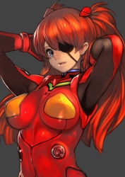 Rule 34 | 1girl, alternate breast size, armpits, arms behind head, arms up, blue eyes, bodysuit, bracer, breasts, breasts apart, brown hair, evangelion: 3.0 you can (not) redo, eyepatch, from side, gloves, grey background, hair ornament, hand in own hair, impossible bodysuit, impossible clothes, large breasts, long hair, looking at viewer, neon genesis evangelion, orange hair, parted lips, pilot suit, plugsuit, rebuild of evangelion, shiny clothes, simple background, skin tight, smile, solo, souryuu asuka langley, turtleneck, two side up, unizama, upper body, wide hips