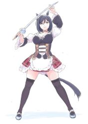Rule 34 | &gt;:), 1girl, animal ears, arm up, black hair, black thighhighs, blue eyes, blue footwear, breasts, cleavage, closed mouth, commentary request, eishin flash (umamusume), full body, hair between eyes, highres, holding, holding sword, holding weapon, horse ears, horse girl, horse tail, layered sleeves, long sleeves, medium breasts, puffy short sleeves, puffy sleeves, red skirt, saber (weapon), shirt, shoes, short over long sleeves, short sleeves, simple background, skirt, smile, solo, standing, sword, tail, thighhighs, umamusume, v-shaped eyebrows, vent arbre, weapon, white background, white shirt