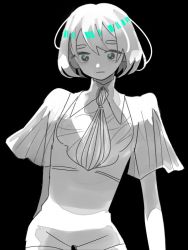 Rule 34 | 1other, alternate costume, androgynous, bad id, bad twitter id, black background, colored skin, diamond (houseki no kuni), expressionless, houseki no kuni, looking at viewer, necktie, short hair, solo, spoilers, thick eyebrows, white hair, white skin