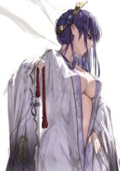 Rule 34 | 1girl, alternate costume, bakemonsou, breasts, commentary, flower, genshin impact, hair down, hair flower, hair ornament, hair tie in mouth, highres, holding, holding rope, japanese clothes, kimono, large breasts, long hair, mole, mole under eye, mouth hold, navel, open clothes, open kimono, purple eyes, purple flower, purple hair, raiden shogun, rope, sketch, solo, white background, white kimono, wide sleeves