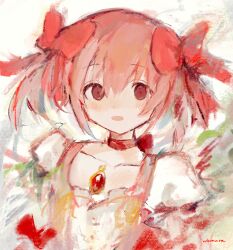 Rule 34 | 1girl, abstract background, bow, bow choker, buttons, chest jewel, choker, collarbone, dress, frilled dress, frilled sleeves, frills, gem, hair bow, highres, kaname madoka, light blush, looking at viewer, magical girl, mahou shoujo madoka magica, mahou shoujo madoka magica (anime), open mouth, pink bow, pink dress, pink eyes, pink hair, puffy short sleeves, puffy sleeves, red bow, red choker, red gemstone, short hair, short sleeves, short twintails, signature, solo, tabmur, twintails, upper body, white background, white sleeves